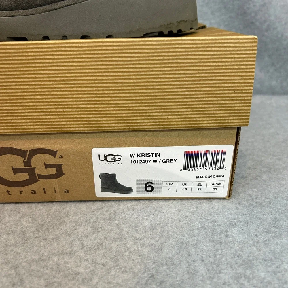 UGG Kristin Wedge Boot Grey Suede Shearling Ankle Boot Winter Cozy Womens Size 6